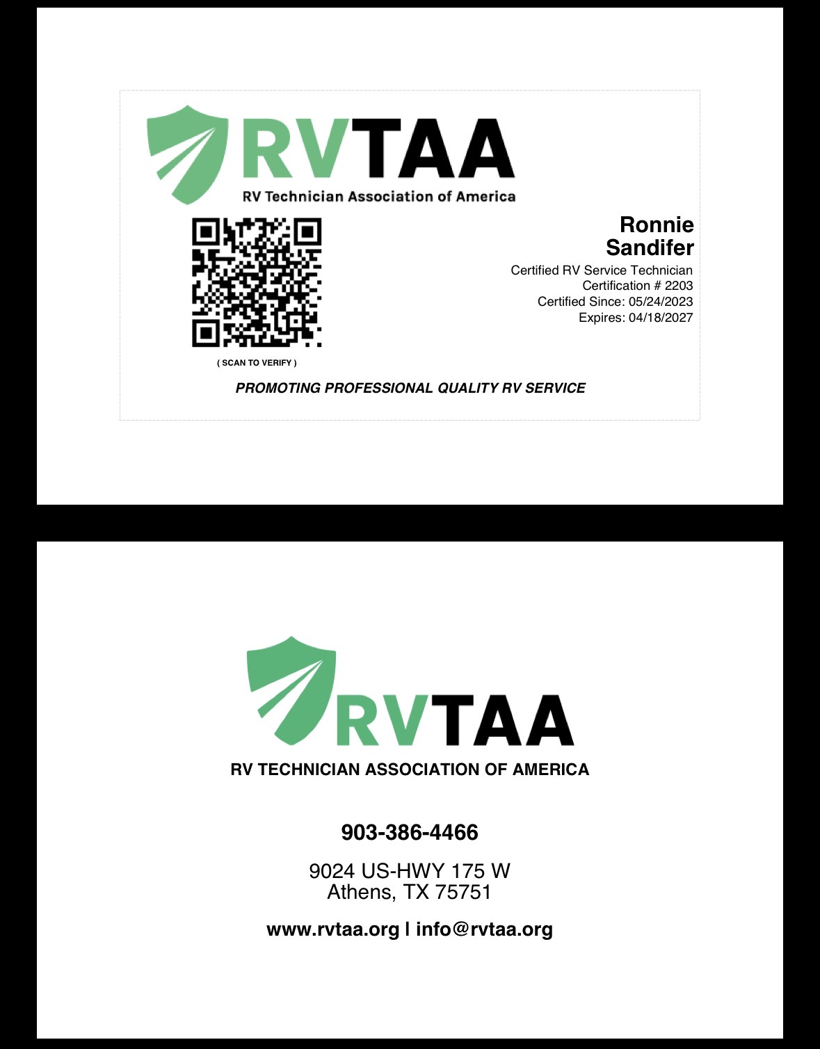 NRVTA / RVTAA certified