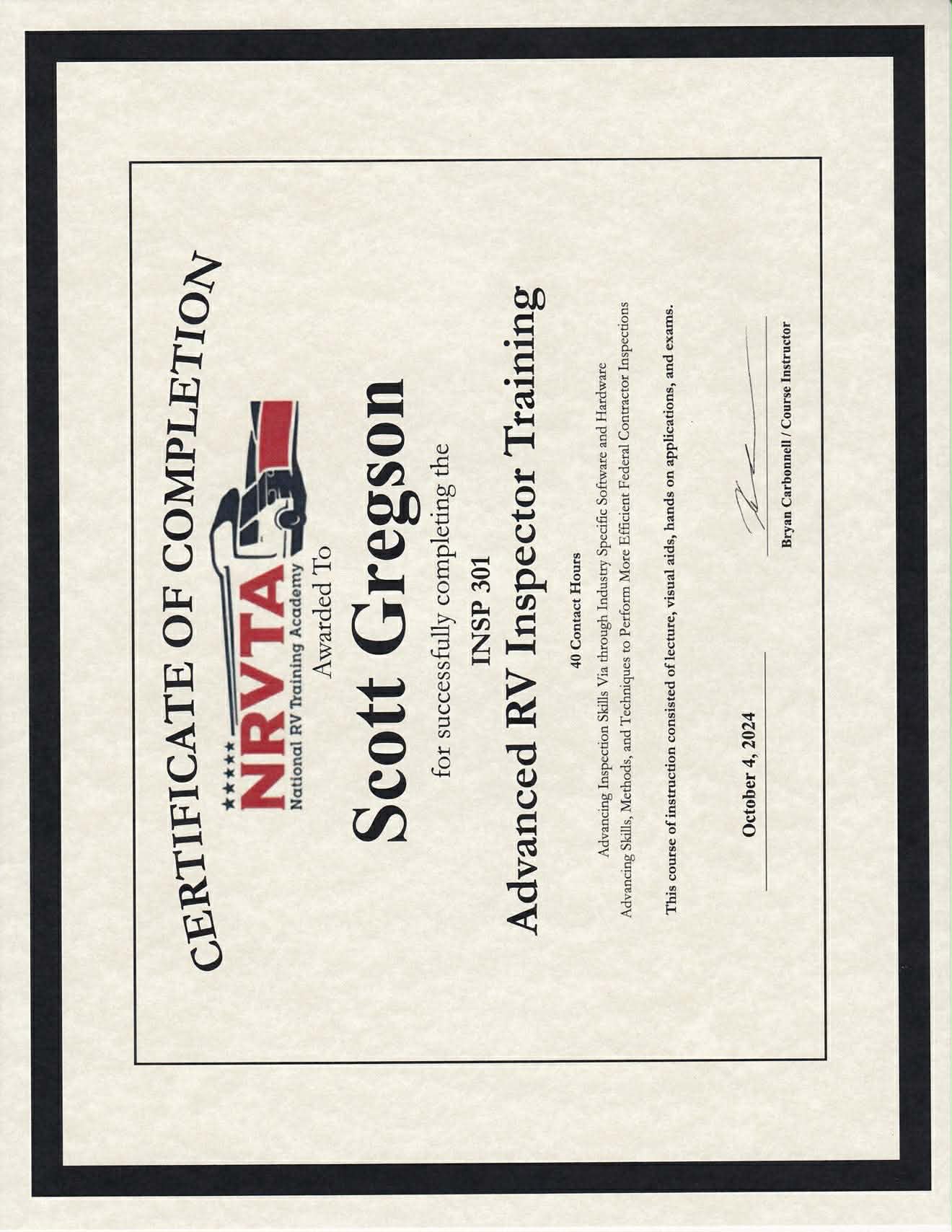 Advanced RV Inspector Training Certificate - Scott Gregson