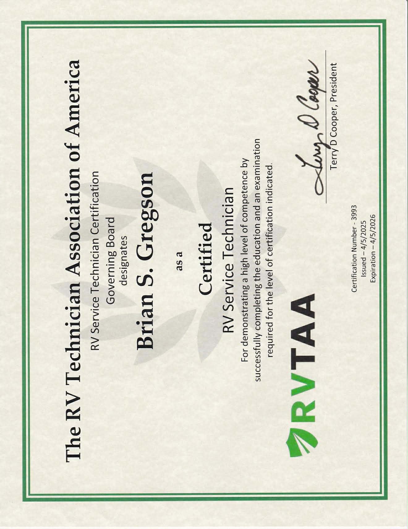 Certified RV Service Technician - Brian Gregson