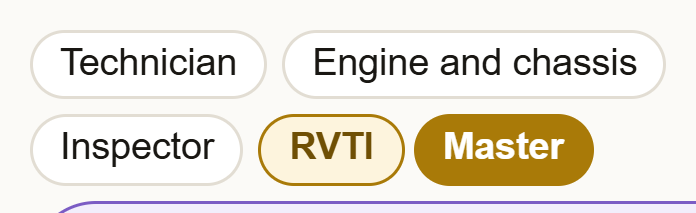 Three gray badges: Technician, Engine and chassis, Inspector.
