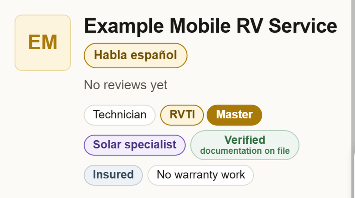 A listing card showing every kind of badge: an amber Habla español, a gray Technician, a gold RVTI with a solid-gold Master, a purple Solar specialist, a green Verified with documentation on file under it, and a blue-gray Insured.