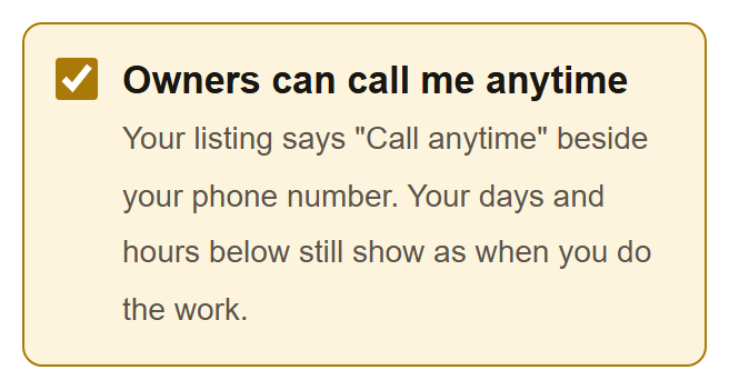 The Owners can call me anytime box, checked.