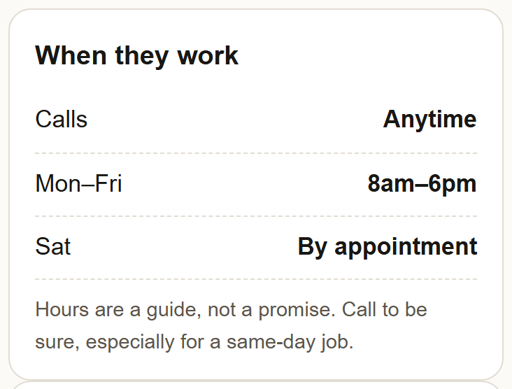 The When they work card on a technician's page: Calls Anytime, Mon to Fri 8am to 6pm, Sat By appointment, and the guide line.
