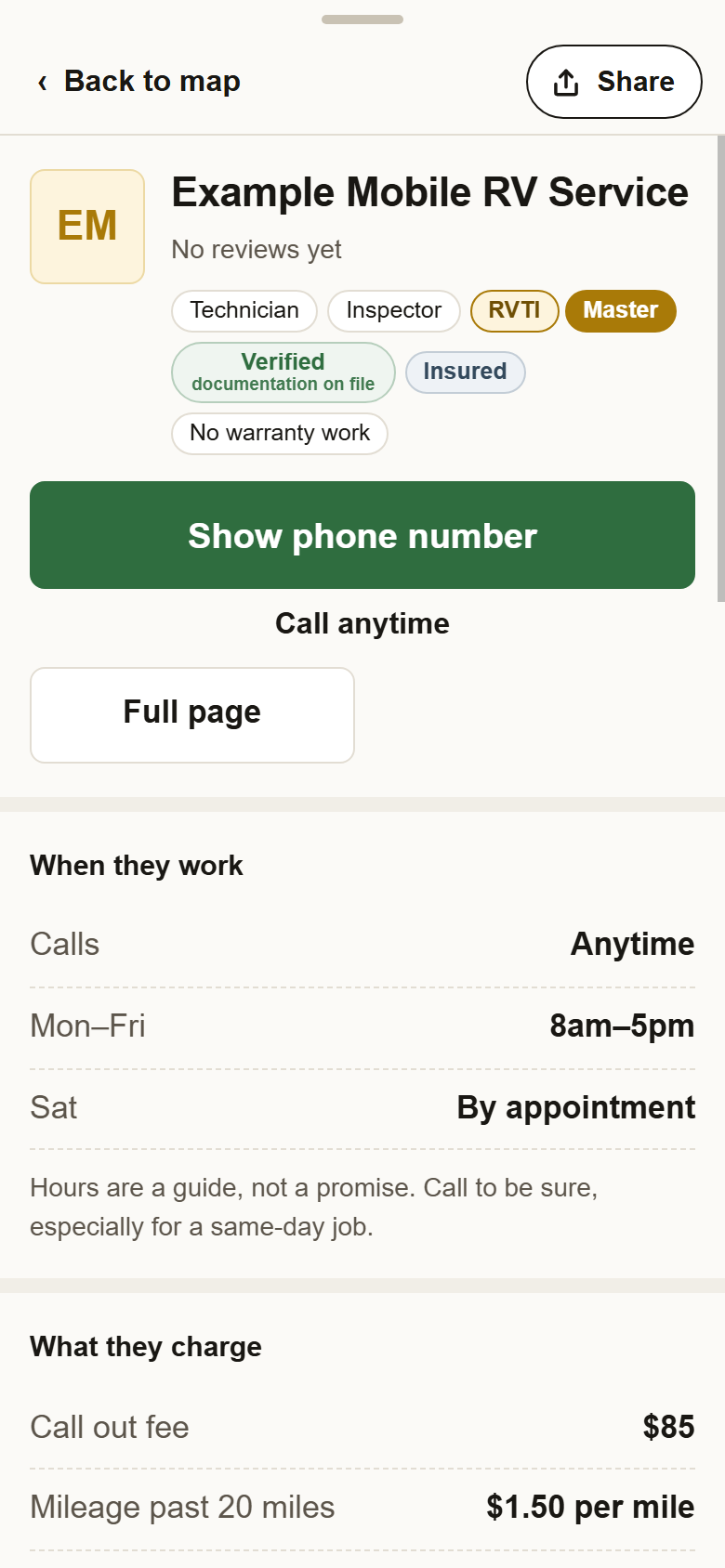 A technician's card with the green Show phone number button and Call anytime under it.