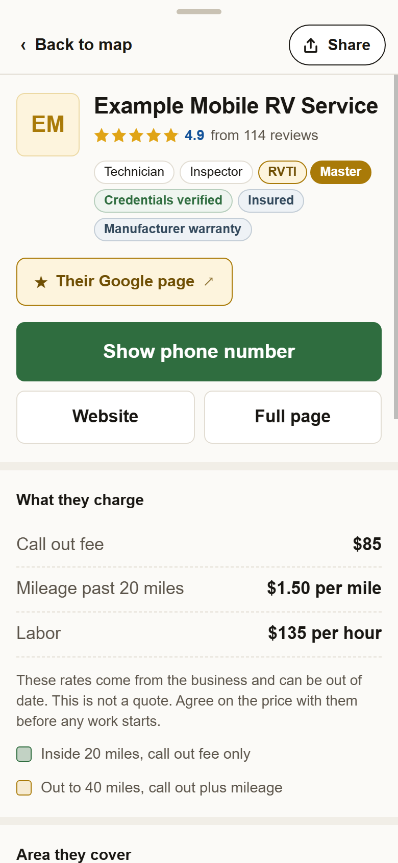 A technician's card: name, 4.9 from 114 reviews, badges, the green Show phone number button, Website and Full page buttons, and their rates.