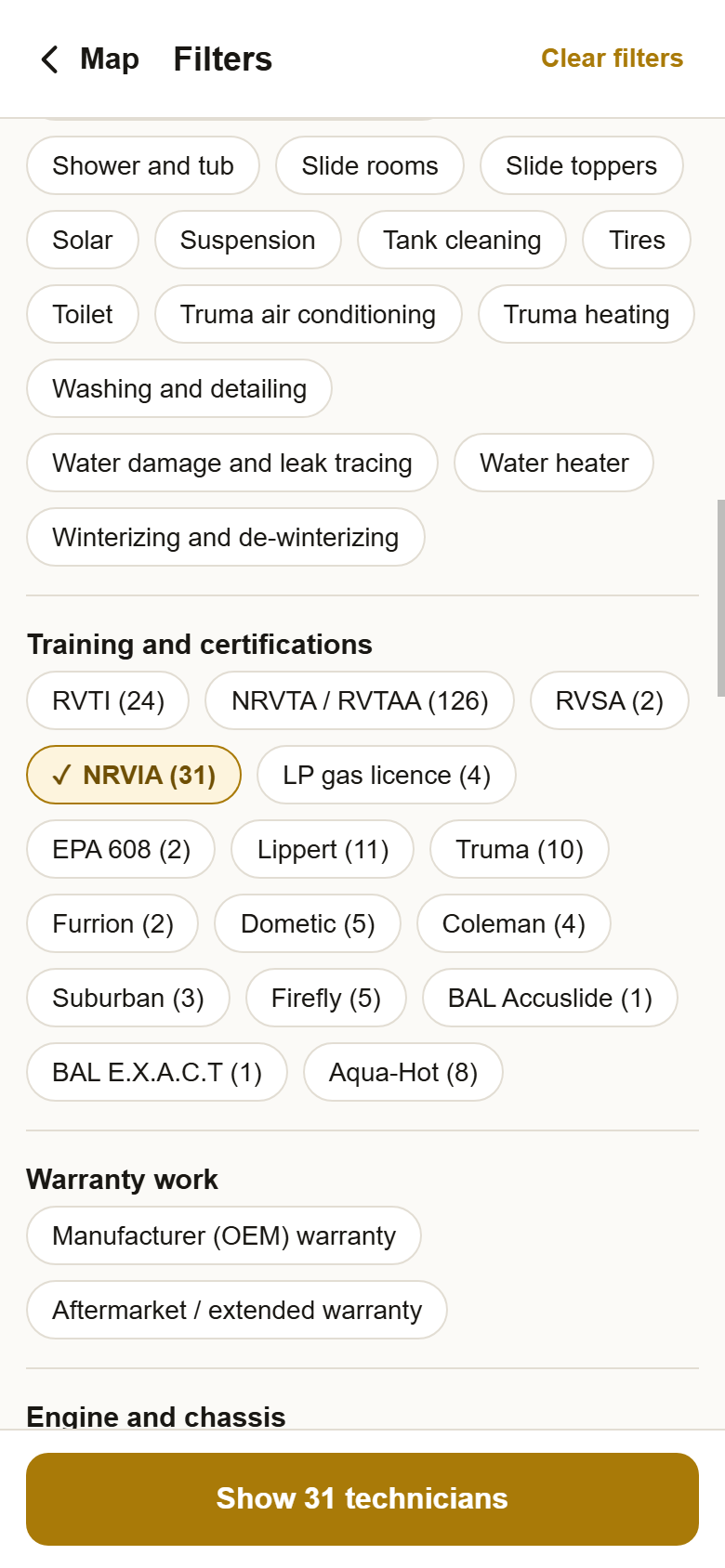 The Training and certifications group with NRVIA checked, and the button at the bottom reading Show 31 technicians.