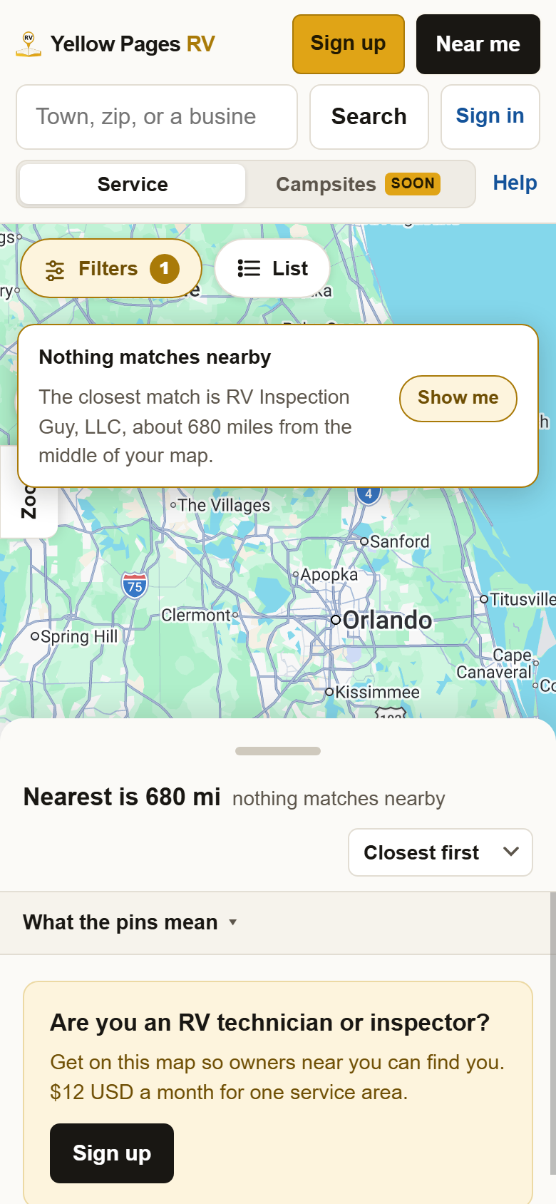 The map over Orlando with Filters 1 at the top, and a box reading Nothing matches nearby, the closest match is about 680 miles from the middle of your map, with a Show me button.