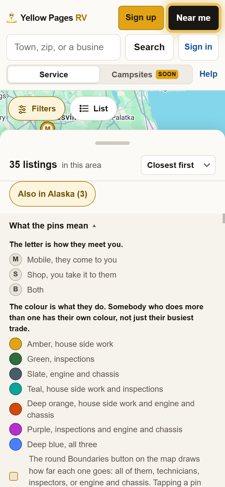 The list under the map with What the pins mean opened: M, S and B explained, then the seven colors from amber to deep blue.