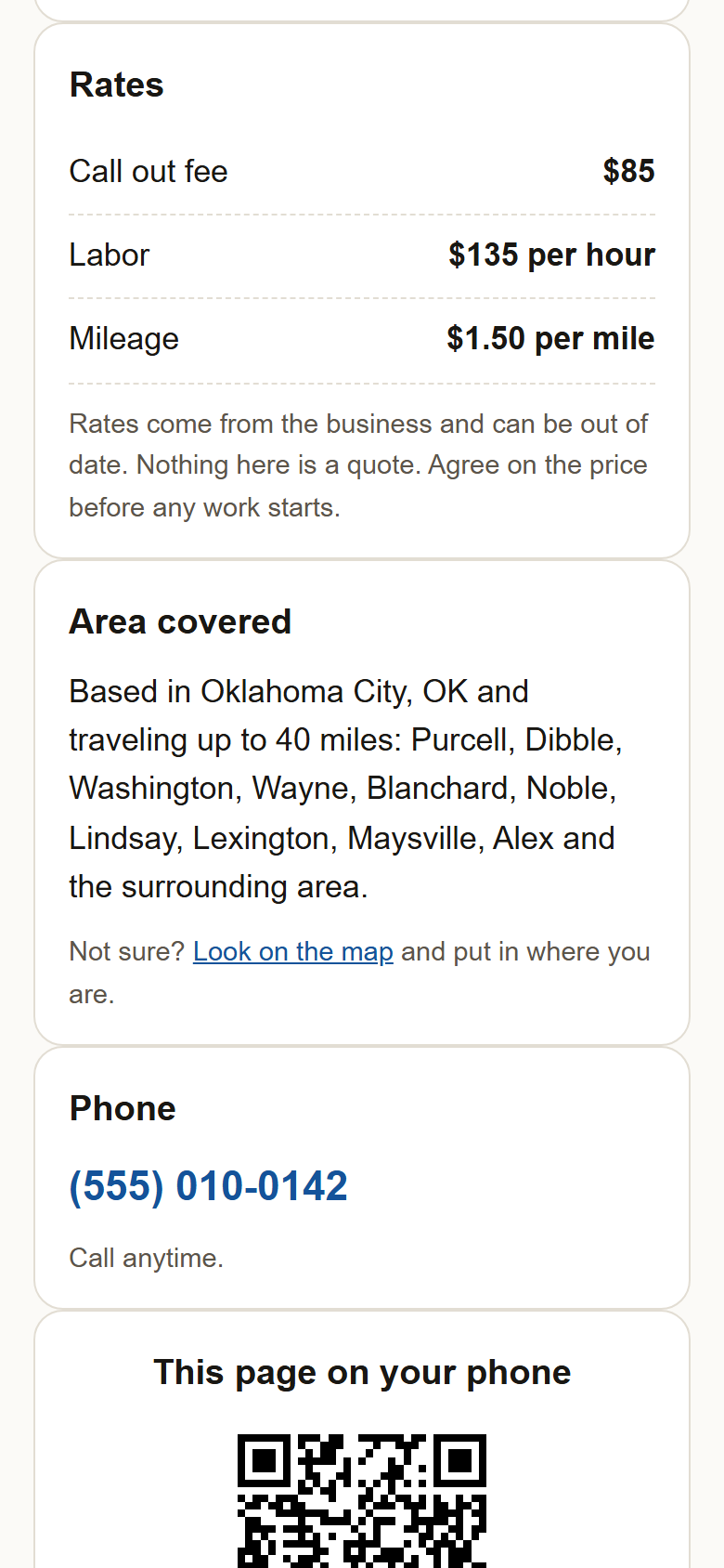 Rates: call out fee $85, labor $135 per hour, mileage $1.50 per mile, then Area covered, then Phone with Call anytime under the number.
