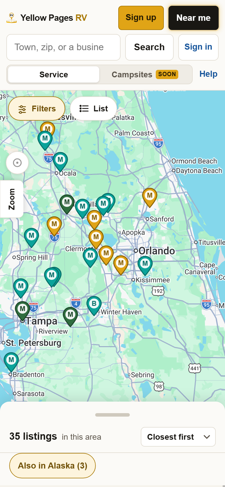The map over central Florida with amber, teal and dark green pins, most lettered M and one lettered B.