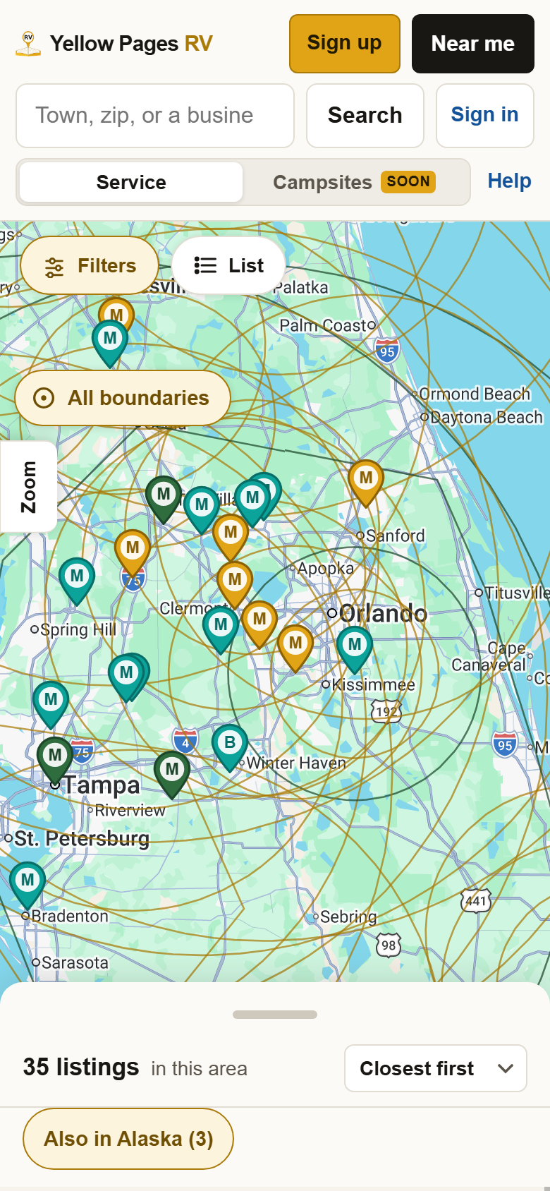 The same map with a ring drawn around each pin and the button on the left reading All boundaries.
