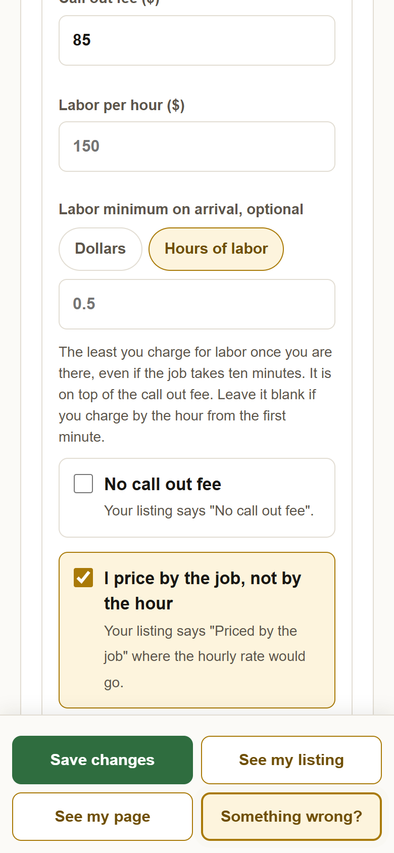 With I price by the job checked, the Labor per hour box and the labor minimum are grayed out and empty.