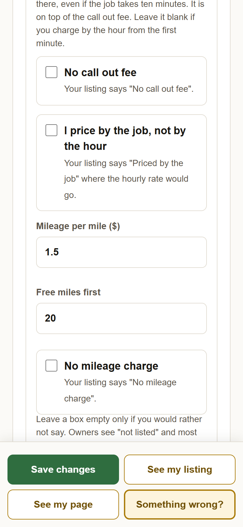 The three checkboxes: No call out fee, I price by the job, and No mileage charge, with the mileage boxes between them.