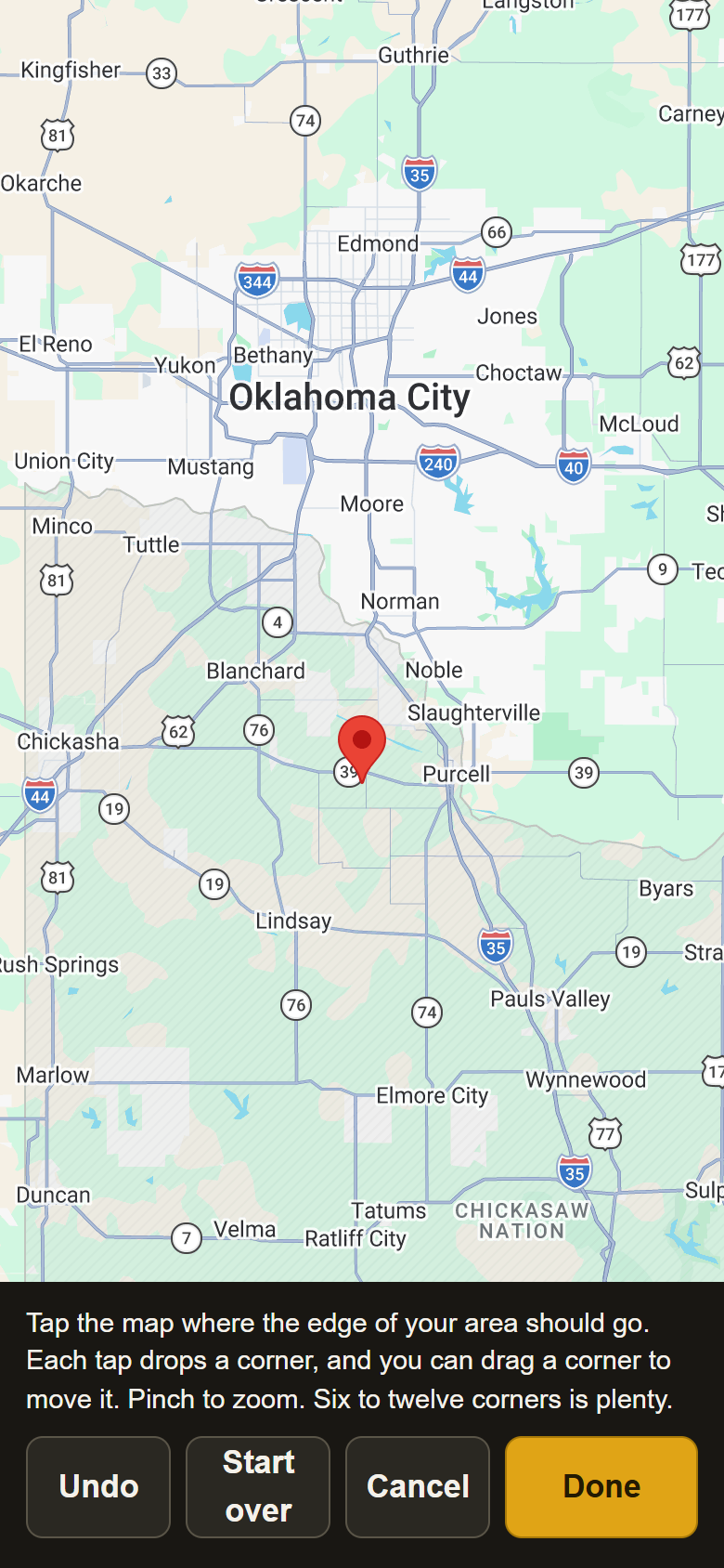 Drawing mode: the map filling the screen with the pin, and a bar at the bottom reading Tap the map where the edge of your area should go, with Undo, Start over, Cancel and Done.