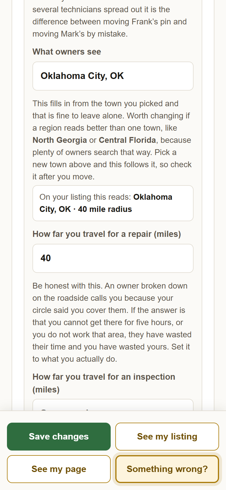 What owners see, and the line On your listing this reads Oklahoma City, OK, 40 mile radius.