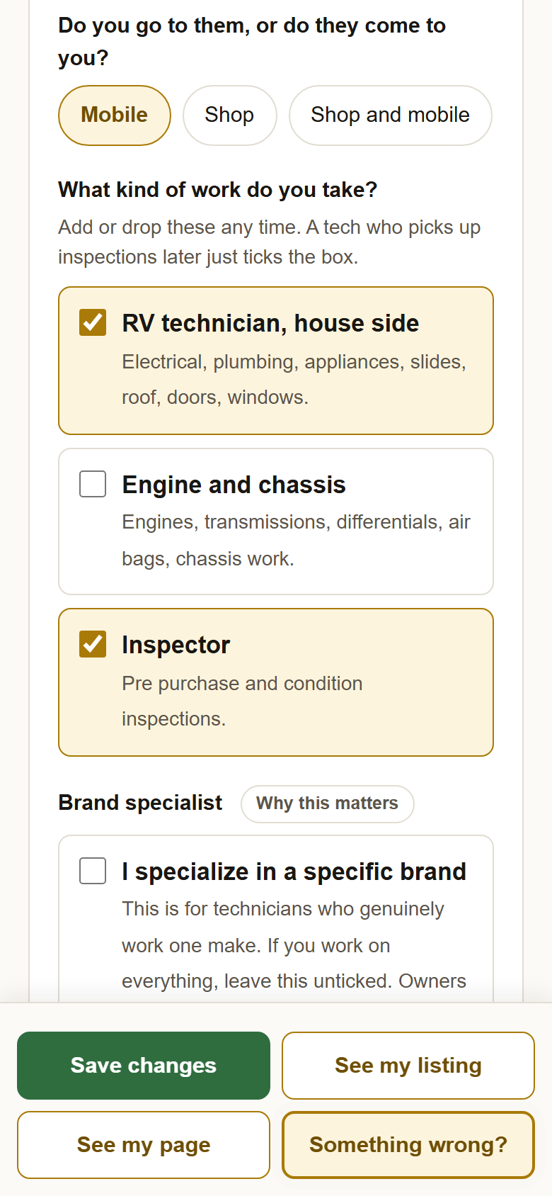 The first card: Mobile, Shop, Shop and mobile chips, then the checkboxes RV technician house side, Engine and chassis, Inspector, and the Brand specialist box.