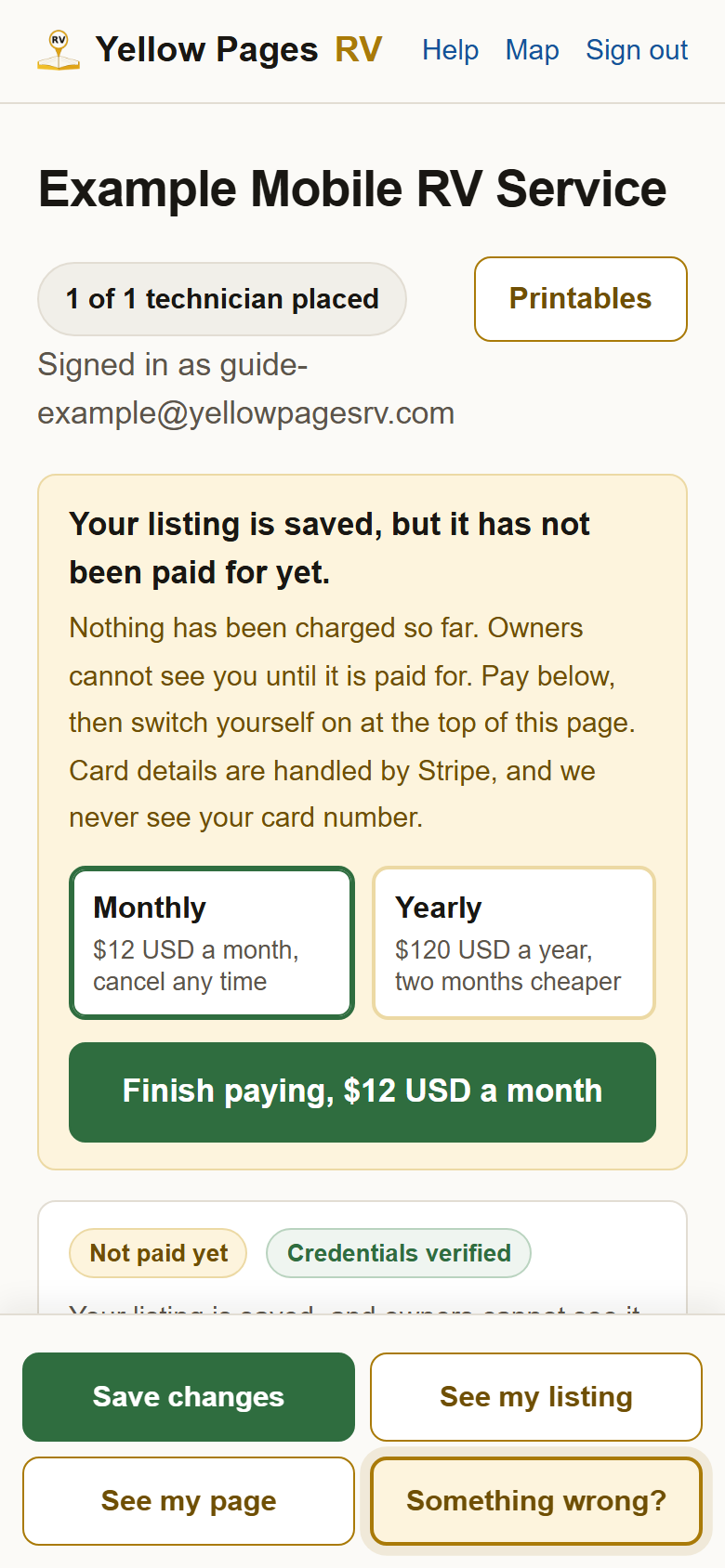 The top of a profile with the amber card: Your listing is saved, but it has not been paid for yet, Monthly and Yearly choices, and the green button Finish paying, $12 USD a month.