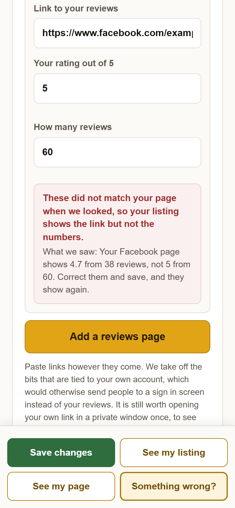 A Facebook review card with a red status line: These did not match your page when we looked, so your listing shows the link but not the numbers.
